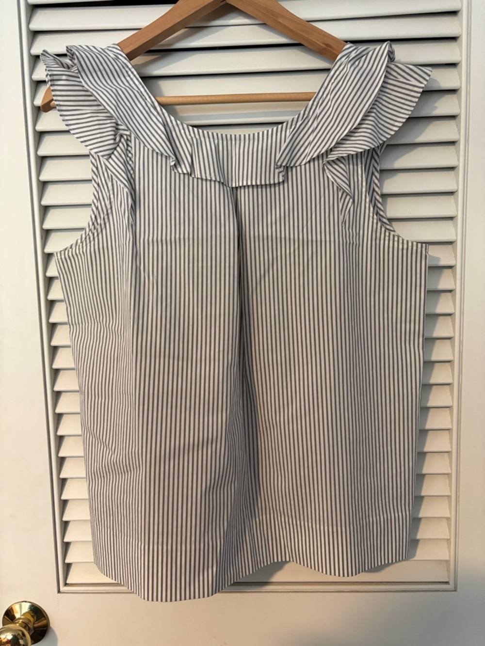 J. Crew White and Navy Pinstripe Ruffle Neck Sleeveless Top
